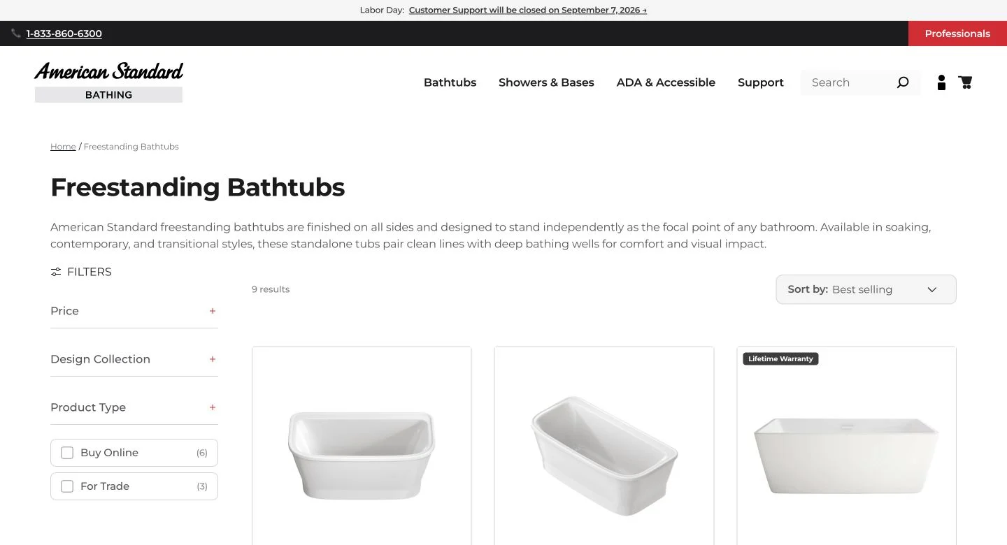 American Standard freestanding bathtub collection with product imagery and shopping filters