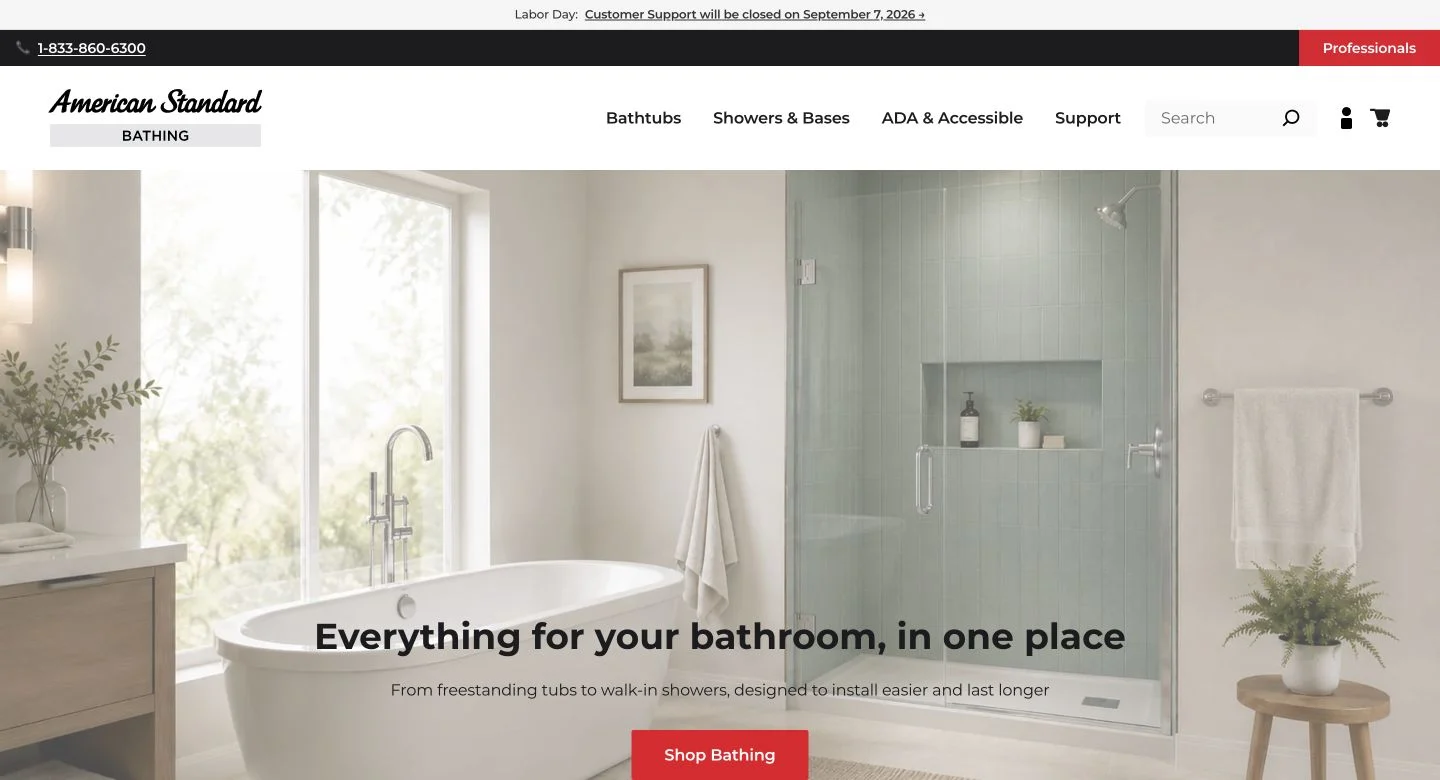 American Standard Bathing storefront with a coordinated bathroom setting and product navigation