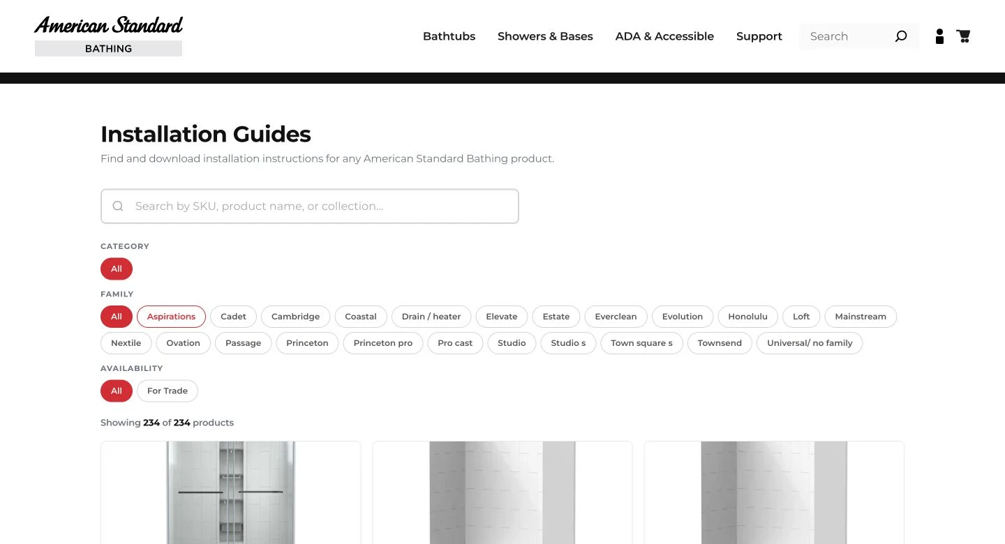 American Standard professional resource library with SKU search, product family filters, and installation guides