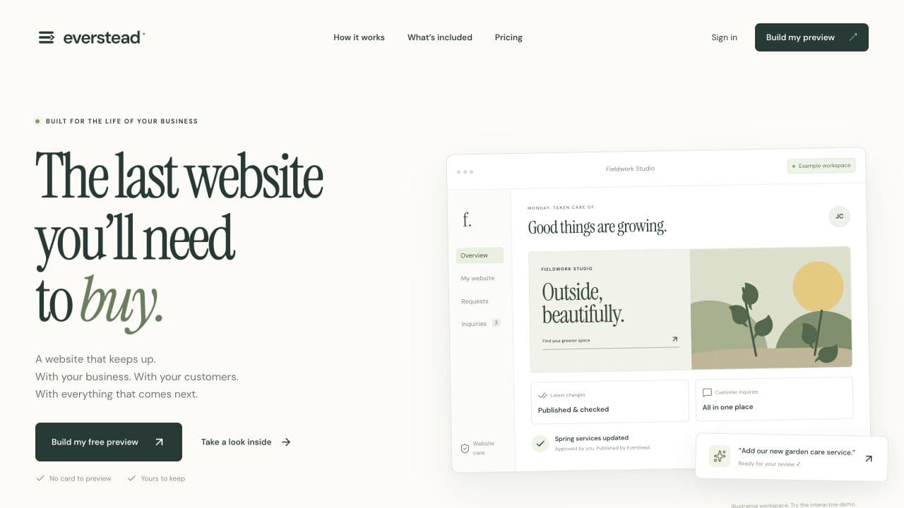 Everstead homepage with a website preview and an illustrative business workspace