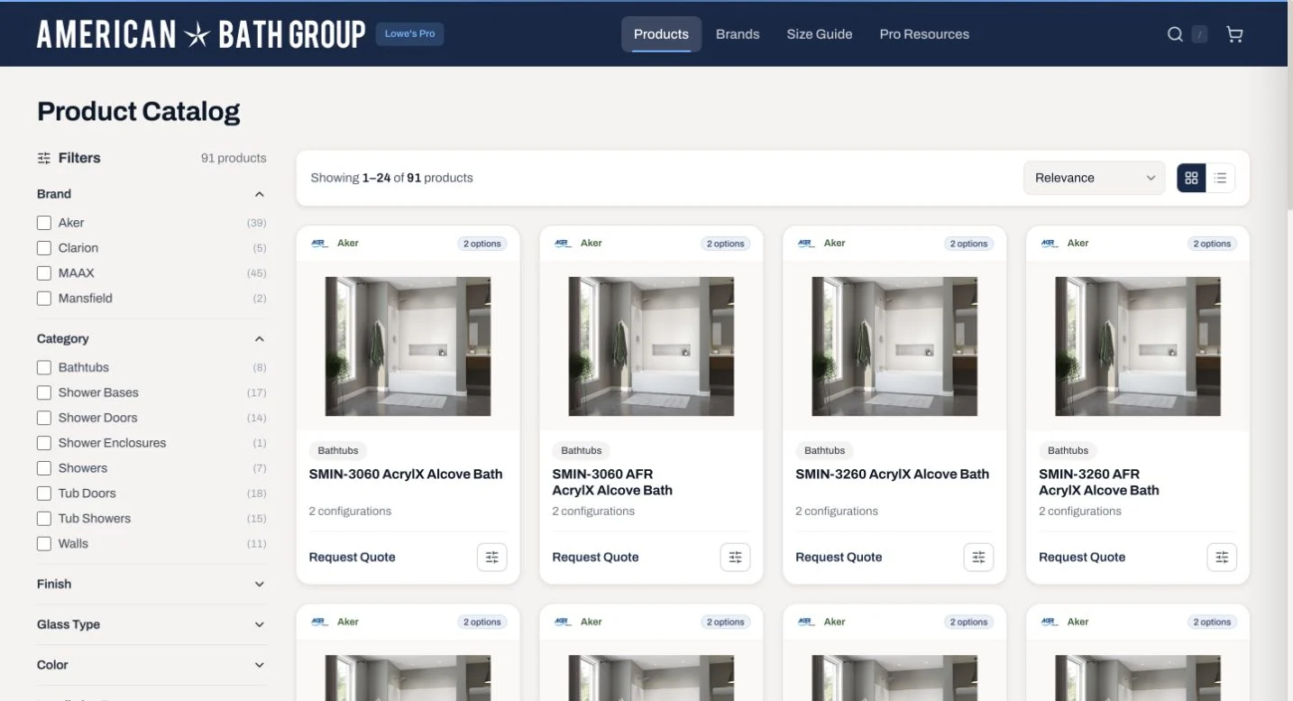Lowe’s channel catalog with product photography, brand and category filters, and configuration options