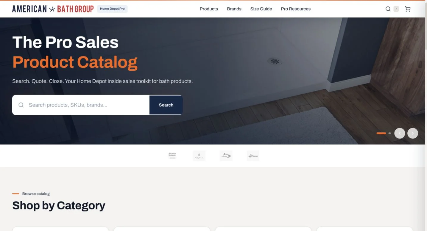 American Bath Group Home Depot Pro portal with a product search and bath product showcase