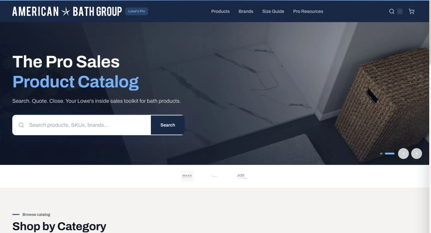 American Bath Group Lowe’s Pro portal with its channel branding and product search