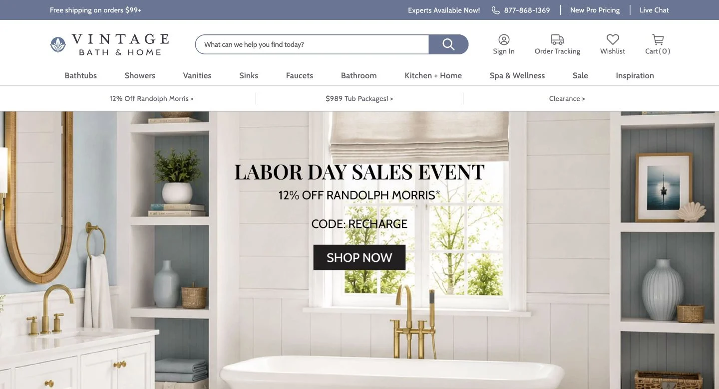 Vintage Bath and Home storefront showing its current brand identity and a bathroom campaign